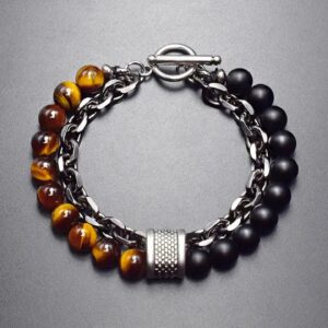 Tiger Eye Black Onyx Stainless Steel Bracelet
